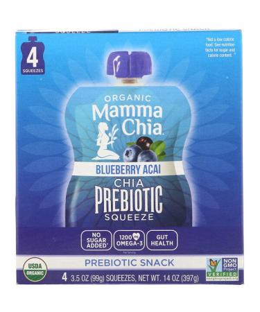 Mamma Chia Organic Chia Prebiotic Squeeze Blueberry Acai 4 Pouches 3.5 oz (99 g) Each
