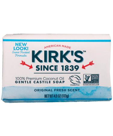 Kirk's 100% Premium Coconut Oil Gentle Castile Soap Original Fresh Scent 4 oz (113 g)