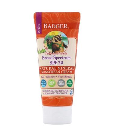 Badger Company Active Kids Natural Mineral Sunscreen Cream SPF 30 PA+++ Tangerine & Vanilla 2.9 fl oz (87 ml)