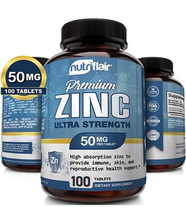 NutriFlair Zinc Gluconate 50mg, 100 Tablets - High Potency Immune System Booster Supplement Pills, Immunity Defense, Powerful Natural Antioxidant, Non-gmo, Compare with zinc picolinate, citrate, oxide